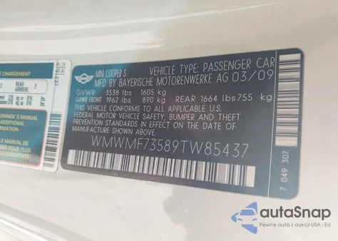 2009 Mini Cooper S z USA, uszkodzony, nr VIN WMWMF73589TW85437